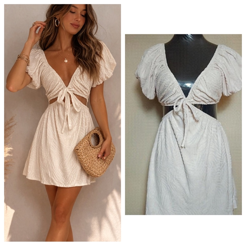 Cream Puff Sleeve Mini Dress Cutout S Cotton Summer